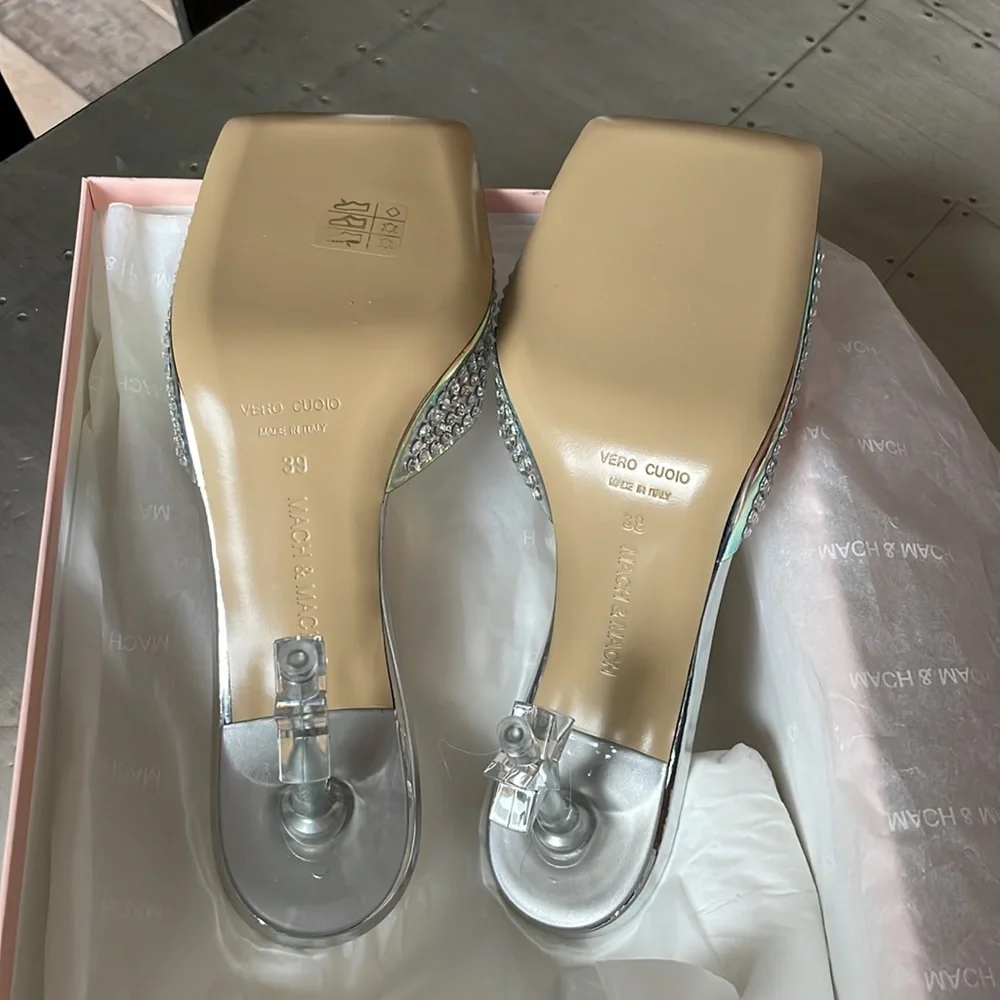 Mach & Mach crystal embellished iridescent silver mules sandals pumps sz 39